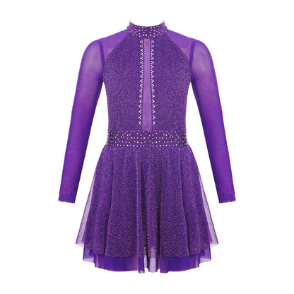Kinder Mädchen Eiskunstlauf Kostüm Ballett lyrische Tanz gymnastik Trikot Kleid Langarm glänzend Mesh Performance Dance wear