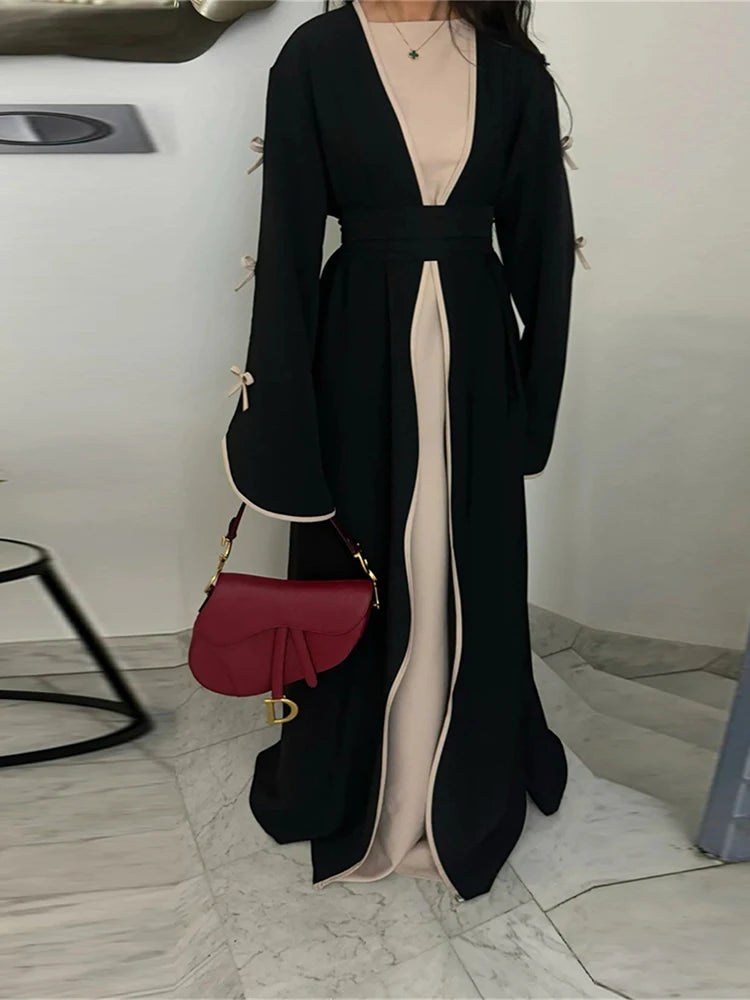 Ramadan Eid Open Modest Kimono Butterfly Bow Abaya Dubai Luxury Muslim Abayas for Women Islam Kebaya Caftan Robe Femme Musulmane.
