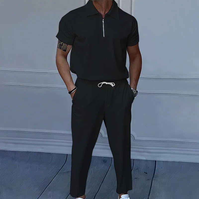 Sommer neue europäische und amerikanische Handel große Herren einfarbig Set mit Kragen, Kurzarm, Reiß verschluss Hosen Set, 2 Stück