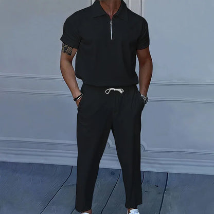 Sommer neue europäische und amerikanische Handel große Herren einfarbig Set mit Kragen, Kurzarm, Reiß verschluss Hosen Set, 2 Stück