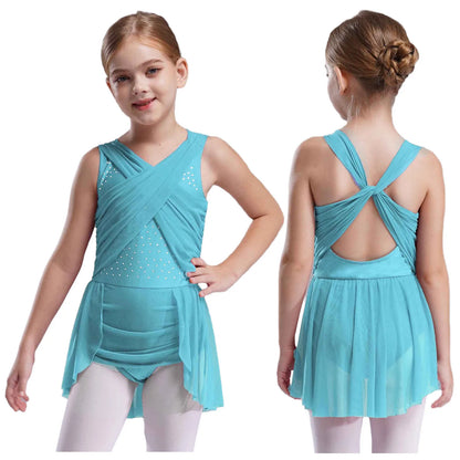 Kinder Mädchen Ärmellose Ausschnitt Strass Eiskunstlauf Trikot Kleid Lyrical Dance Gymnastik Akrobatik Leistung Kostüm