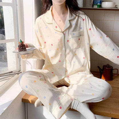 Koreanische Farbige Wavelet Dot Nachtwäsche frauen Herbst Lange Ärmeln Set Kleine Frische Hause Kleidung Lose Internationale Student Pyjama.