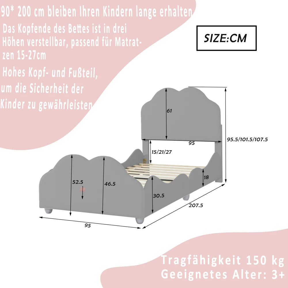 Kinderbett 90 x 200 cm hohes Geländer, Kinderbettgestell mit wolkenförmigem Kopf und Fußteil, Bett aus hautfreundlichem Samt