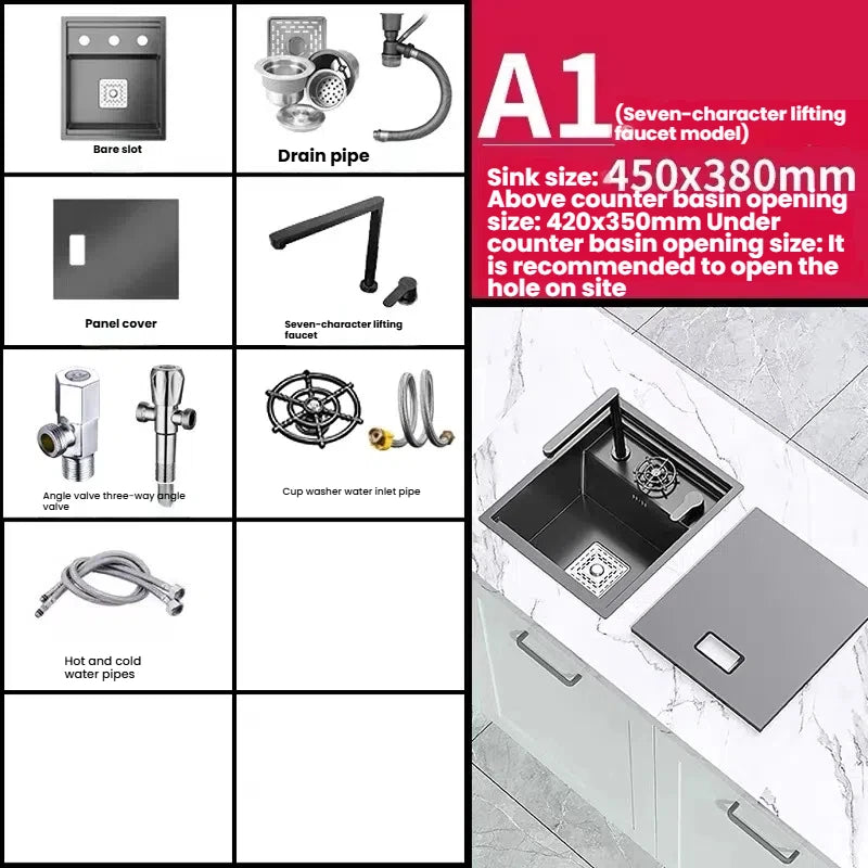 Household Small Hidden Kitchen Sink Stainless Steel Bar Wash Vegetable Basin With Cover Plate and Cup Washer Mini Single Slot