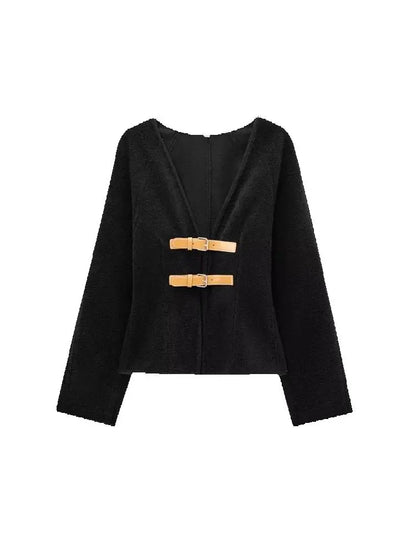 Women Fashion With Belt Woolen Jacket Coat V Neck Long Sleeve Female Outerwear Chic Tops.