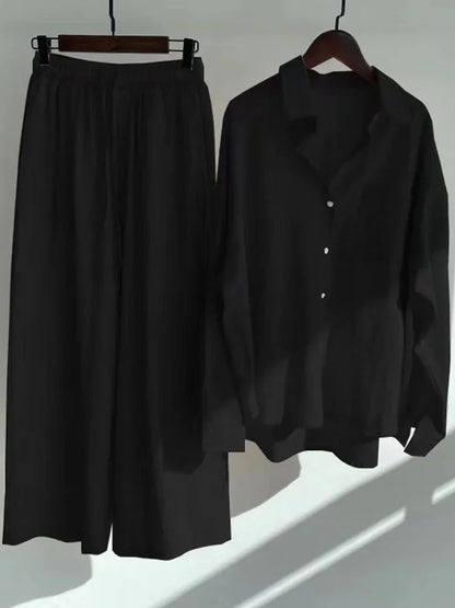 Pants Set Women Shirts Wide Leg Elastic Waist Cotton Linen Casual Sets Elegant Loose Long Sleeve Lapel Spring Shirt Y2k Suit