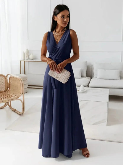 Frühling Sommer Neue Stil frauen Lange V-ausschnitt Kleid Reine Farbe Maxi Kleid Ärmelloses Empire-Taille Kleid für Damen Modische