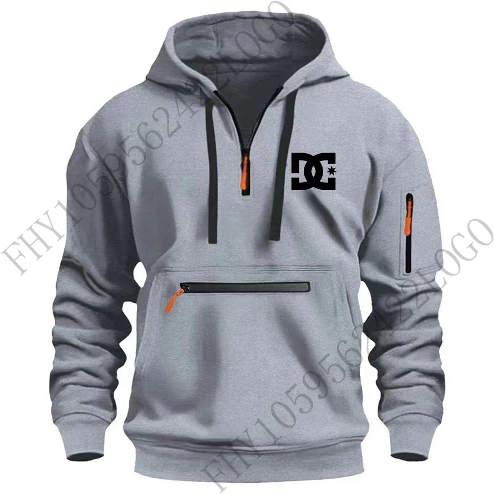 New men's hooded sportswear for autumn and winter 2025, long-sleeved multi-zipper pocket outdoor fishing casual pullover.