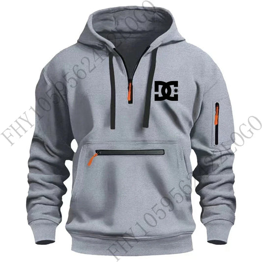 New men's hooded sportswear for autumn and winter 2025, long-sleeved multi-zipper pocket outdoor fishing casual pullover.