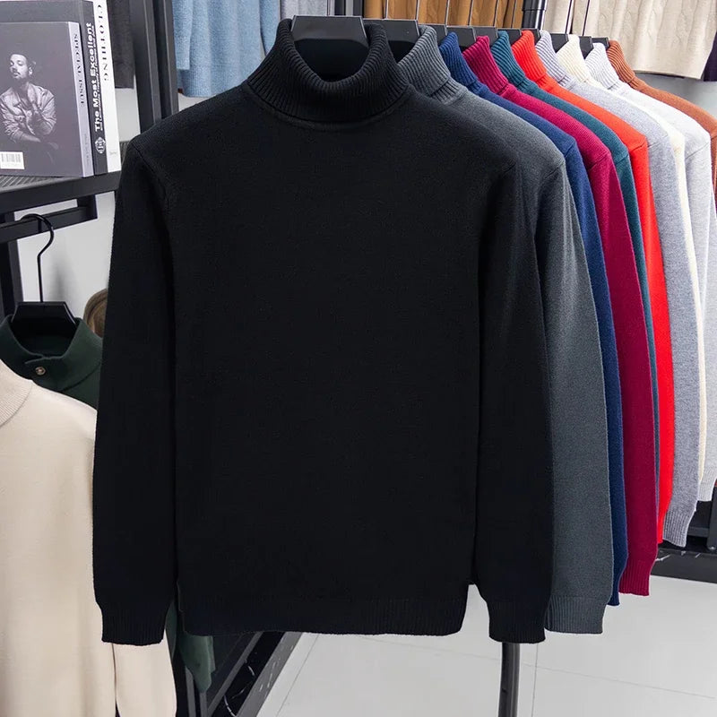 Autumn Mens High Quality Knitted Turtleneck Sweater Slim Fit Long Sleeve Anti-pilling Pullover Solid Color Trend Men Streetwea.