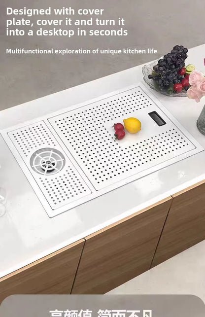 55 cm x 32 cm weißes, verstecktes Küchenspülbecken-Set, zusammenklappbares Wasserhahn-Abflussrohr, einklappbares Unterbauwaschbecken, kleines Waschbecken aus Edelstahl