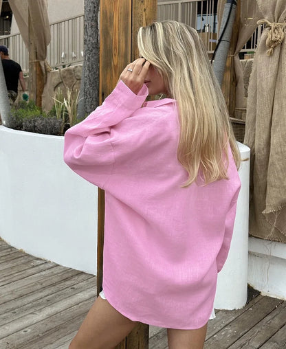 2025 Women's Oversize Shirt Long-sleeved Button Cardigan Pink Lapel Simple Korean Version White Top Blue Blouses for Female.