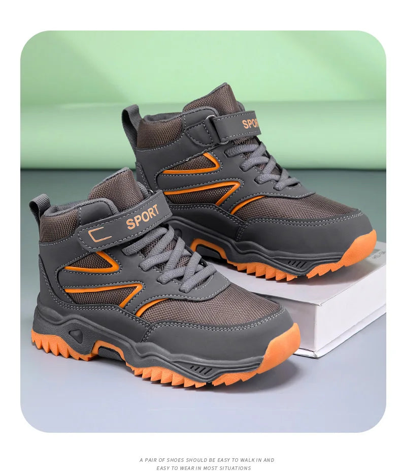 New Boys' Sports Shoes Non-slip School Children's Leather Breathable Running Black Fashion Hiking Shoes Sneaker Size 29-40.