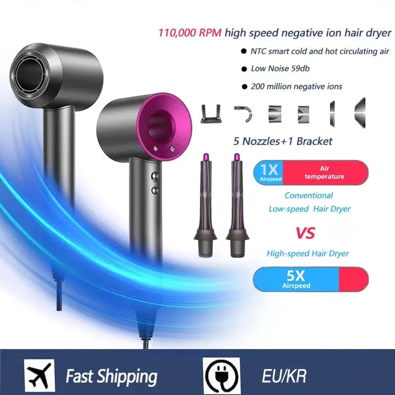 High-speed bladeless hair dryer, professional negative ion hair dryer, quick drying, powerful 1600W home styling tool