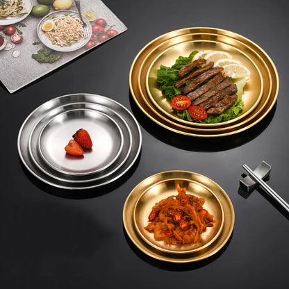 1Pcs Gold Stainless Steels Metal Round Plate Rust-Proof Shallow Tray Plate Camping Plate BBQ Picnic Dishes Cookware Tableware.