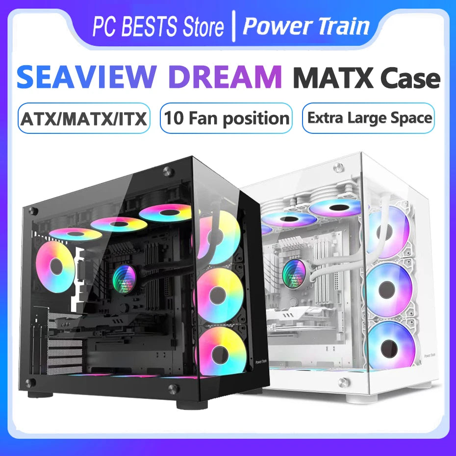 Power Train Seaview Dream MATX ITX Computer Case Panoramic Tempered Glass Side Transparency Without Pillars ATX Desktop Chassis.