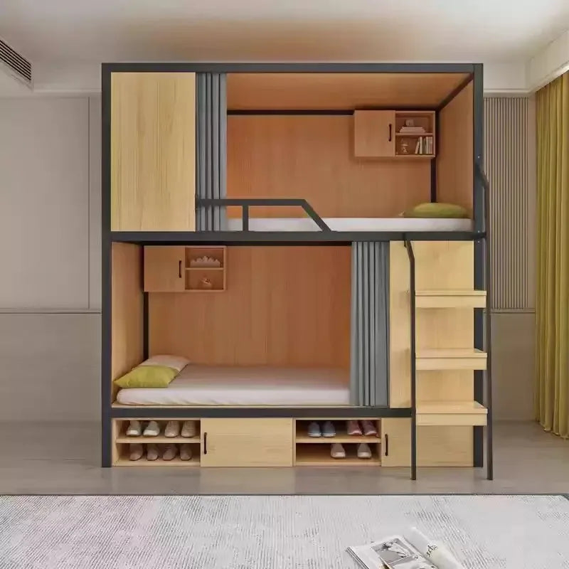 Obere und untere Etagenbetten, Schulwohnheim, Apartmentbett, Jugend, Hostel, Raumkapsel, All-Inclusive-Bett, Stahl, Holz, kombiniert, Mutter