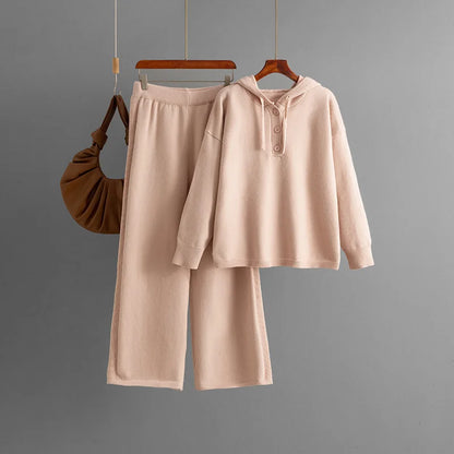 Autumn Winter 2025 New Fashion Women's Solid Color Casual Trendy Loose Knitted 2 Piece Sets Hooded Sweatshirts Wide Leg Trousers.