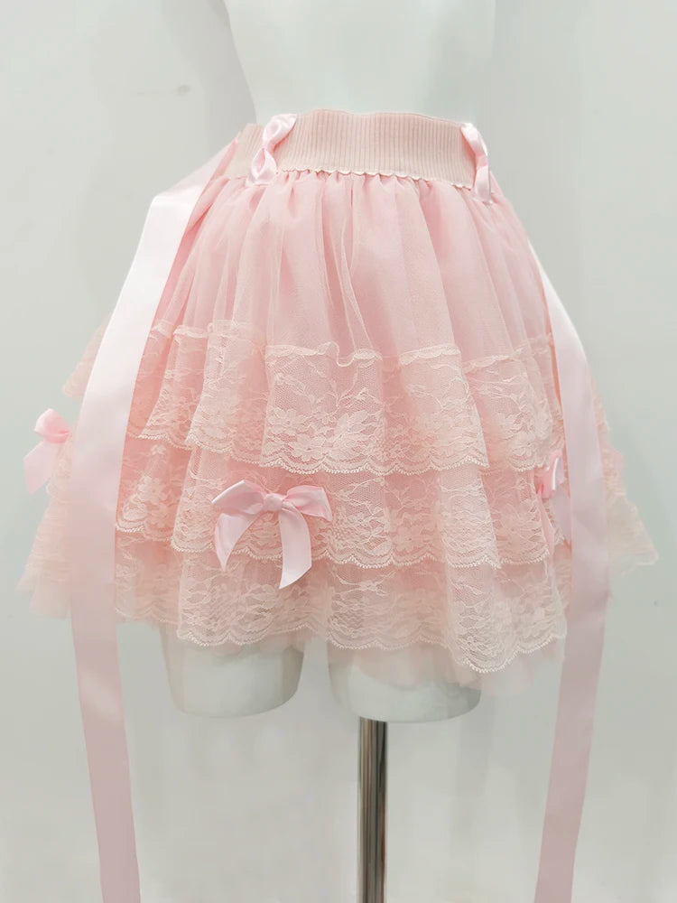 Multilayered Lace Skirts for Sweet Girls Summer Ribbons Bows Decoration Elastic Waist Lolita Style White Skirt Kawaii Clothes.
