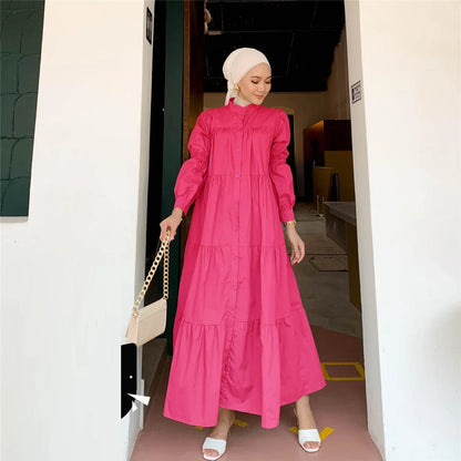 Women Muslim Long Dress Fashion Abaya Long Sleeve Solid Robe Elegant Ruffles Maxi Sundress Islamic Clothing Hijab Vestido.