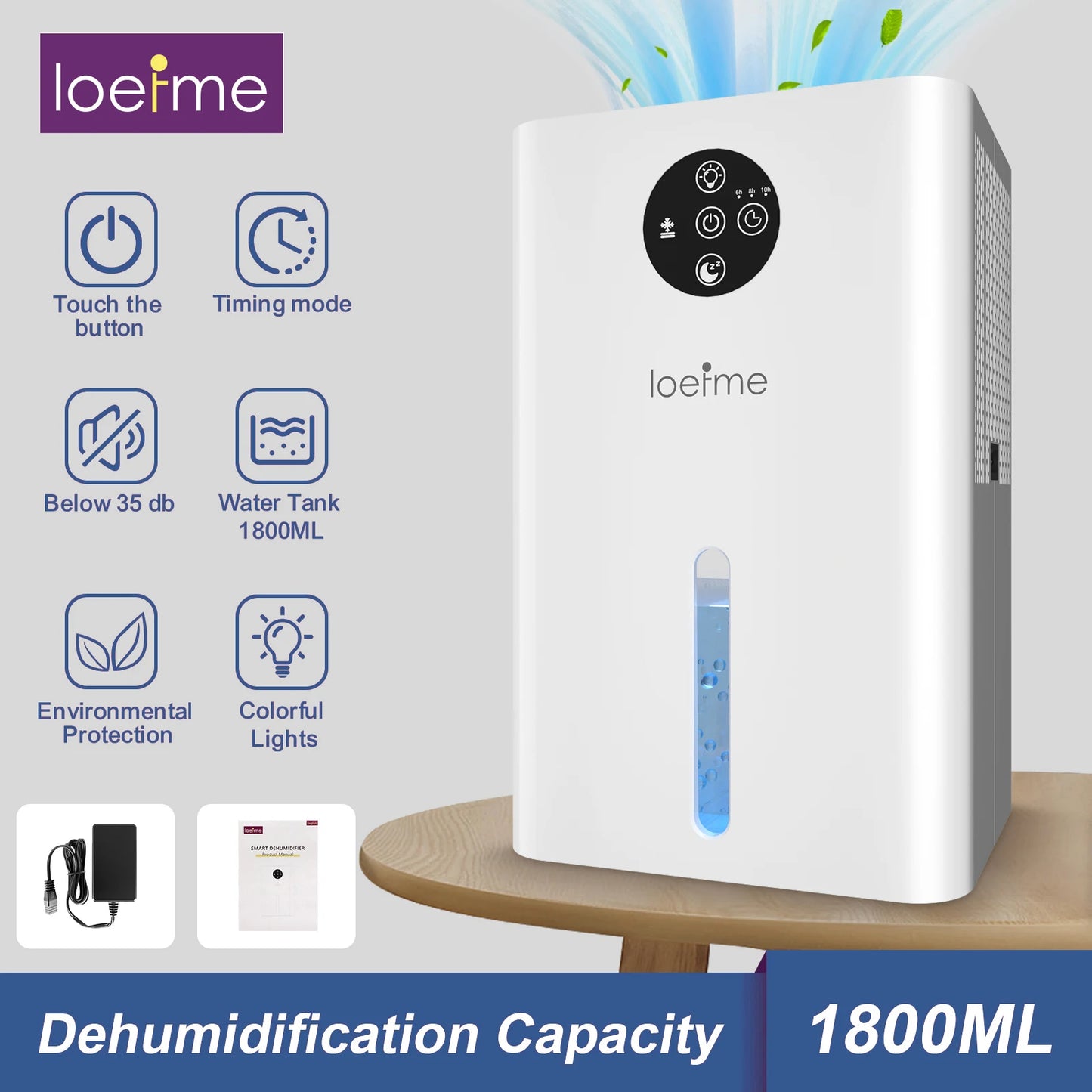 LOEFME Electric Dehumidifier 1800ml Tank, Quiet Dehumidifier for Home, with 6/8/10 Hour Timer for Bathroom, Kitchen, Living Area.