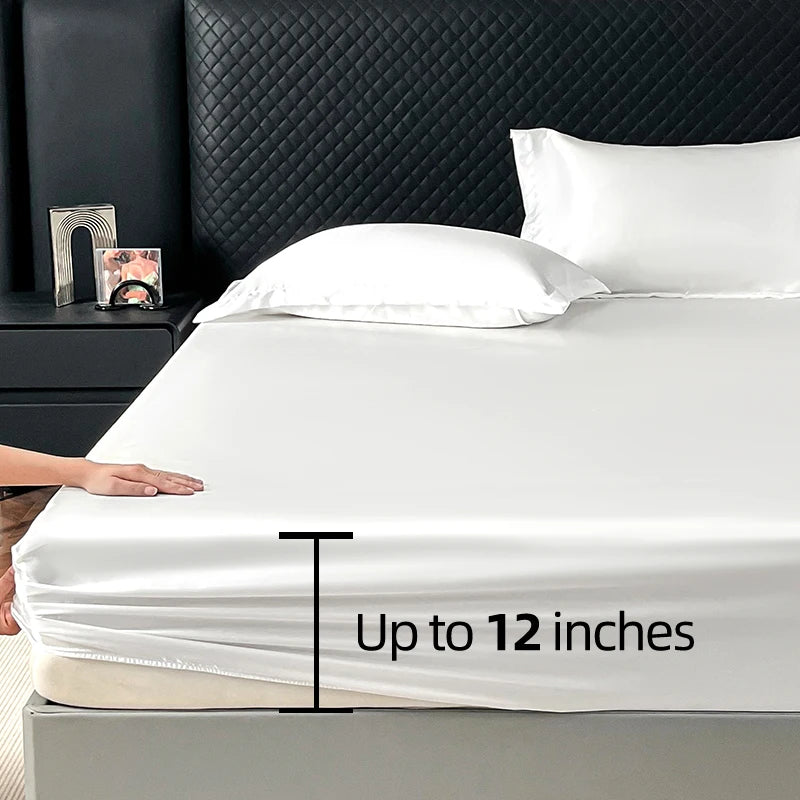 Satin Elastic Fitted Sheet Solid Mattress Cover 360 Band Bed Sheet for Single Double Couple King Queen Full Twin Bedsheet.