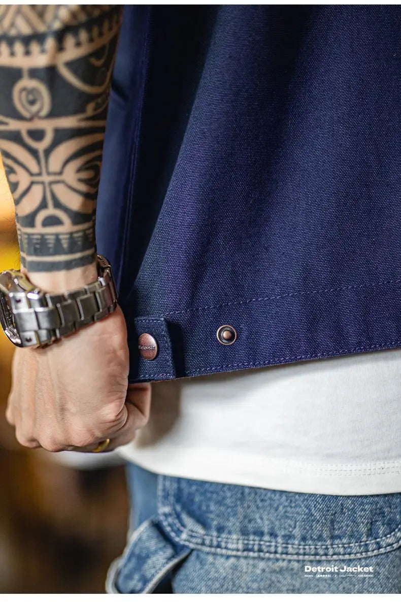 Maden Men's Retro J001 Detroit Jacket Heavyweight Canvas Hunting Coat Lapel Collar Work Jackets with Zipper for Spring Fall.