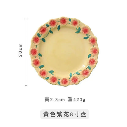 Flower Plate Embossed Small Flower Breakfast Dessert Plate Household Ceramic Plate Under Glaze Colored Hand-painted Tableware.
