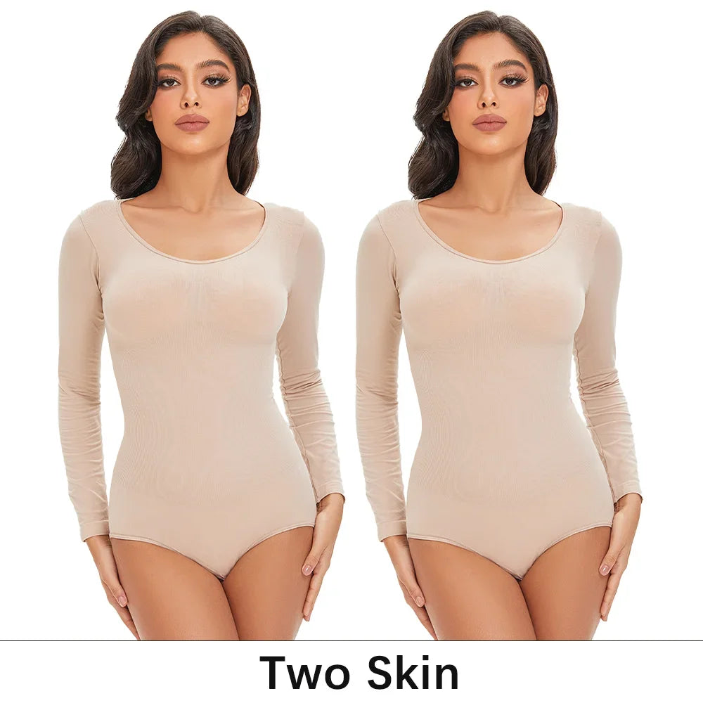 POKARLA Spandex Elastic Body Suit Shapewear Women Body Shaper Tummy Control Long Sleeve Open Crotch Round Neck Seamless Shapers.