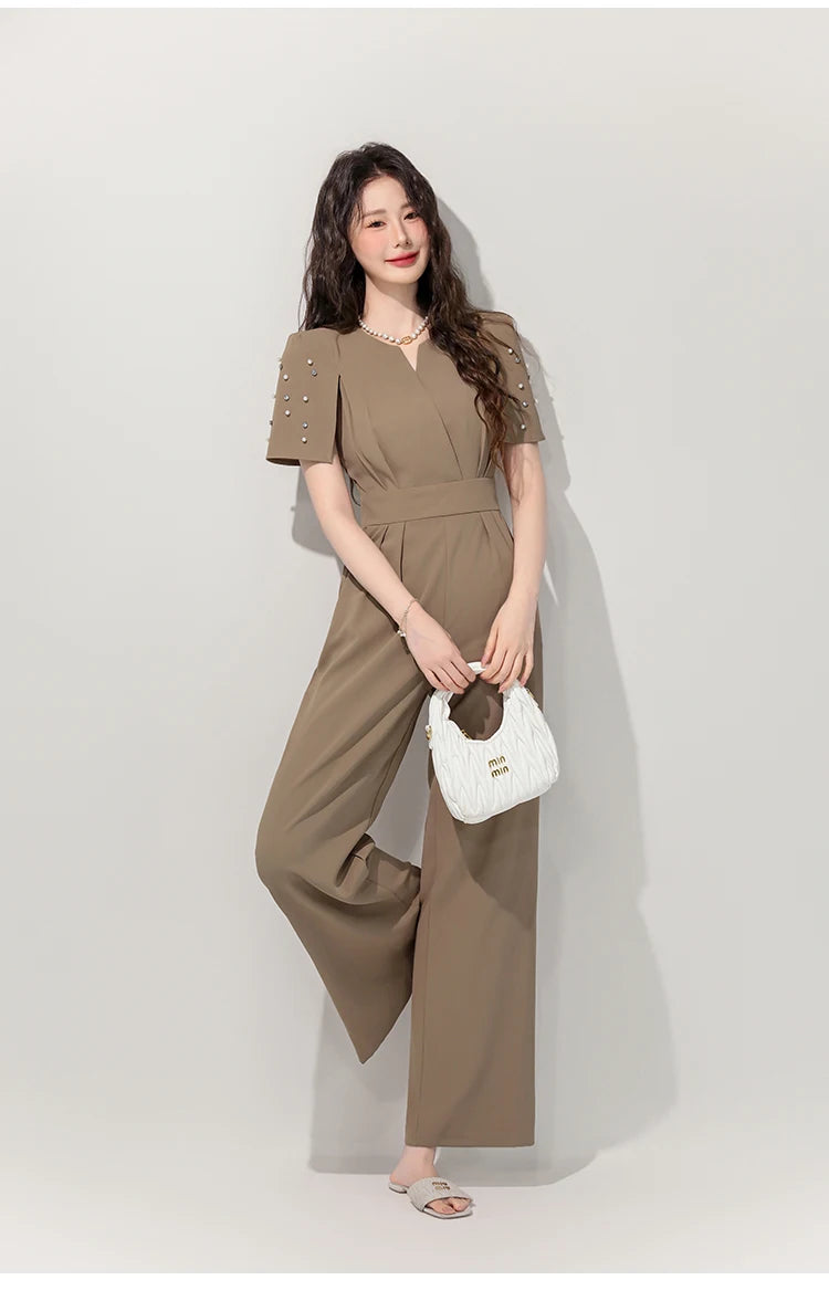 Women's Luxury Diamond-Studded Jumpsuit – Slim Fit Wide Leg Palazzo Pants, Autumn Short Sleeve Romper with High Waist.