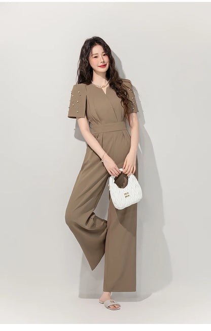 Women's Luxury Diamond-Studded Jumpsuit – Slim Fit Wide Leg Palazzo Pants, Autumn Short Sleeve Romper with High Waist.