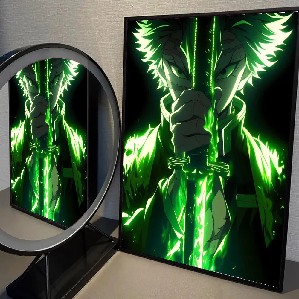 1pc Neon Effect Japan Anime Demon Slayer Tanjiro Nezuko Character Poster Self-adhesive Art Waterproof Paper Sticker Wall Decor.