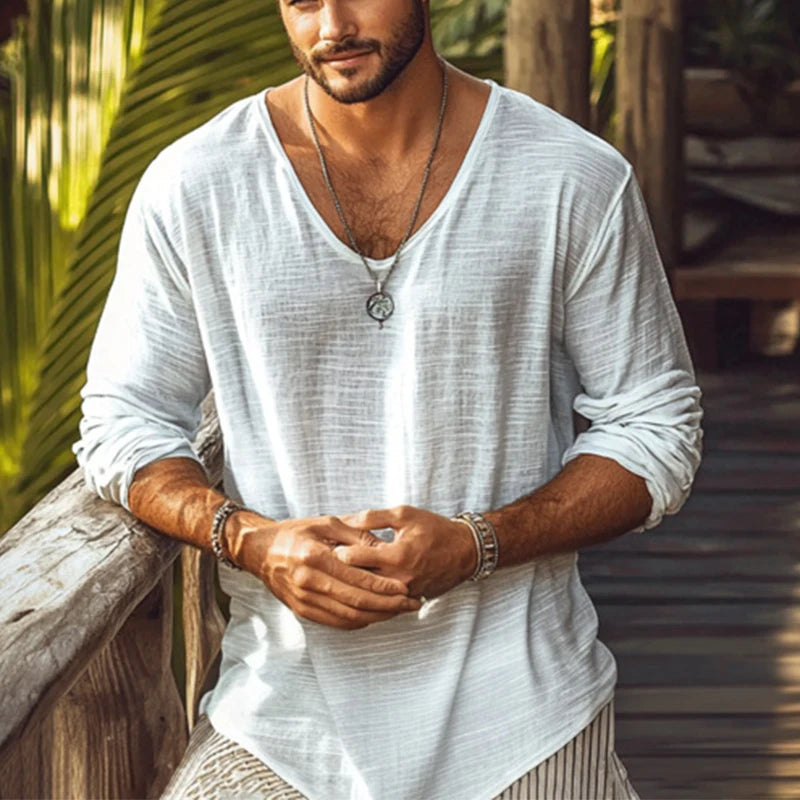 2025 Spring Summer Breathable Thin T-shirts Mens Casual Solid Color Long Sleeve Pullover Tops Men Leisure Loose V Neck T Shirt.