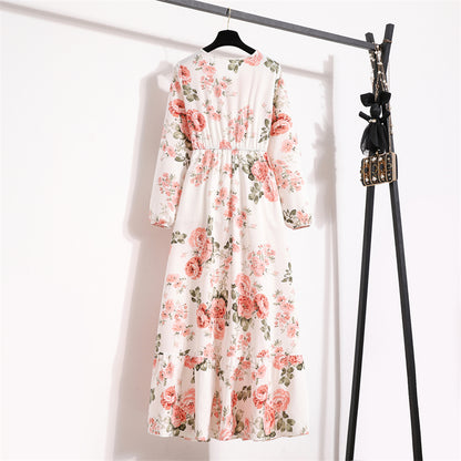 Frühling Sommer Frauen Maxi Kleider Casual Volle Hülse Floral Gedruckt Oansatz Frau Bohe Strand Party Lange Kleid Mujer Vestidos