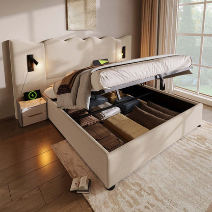 Merax Polsterbett 180x200 Leselampe USB Ladefunktion Stauraumbett Leinen Beige Holz Metall