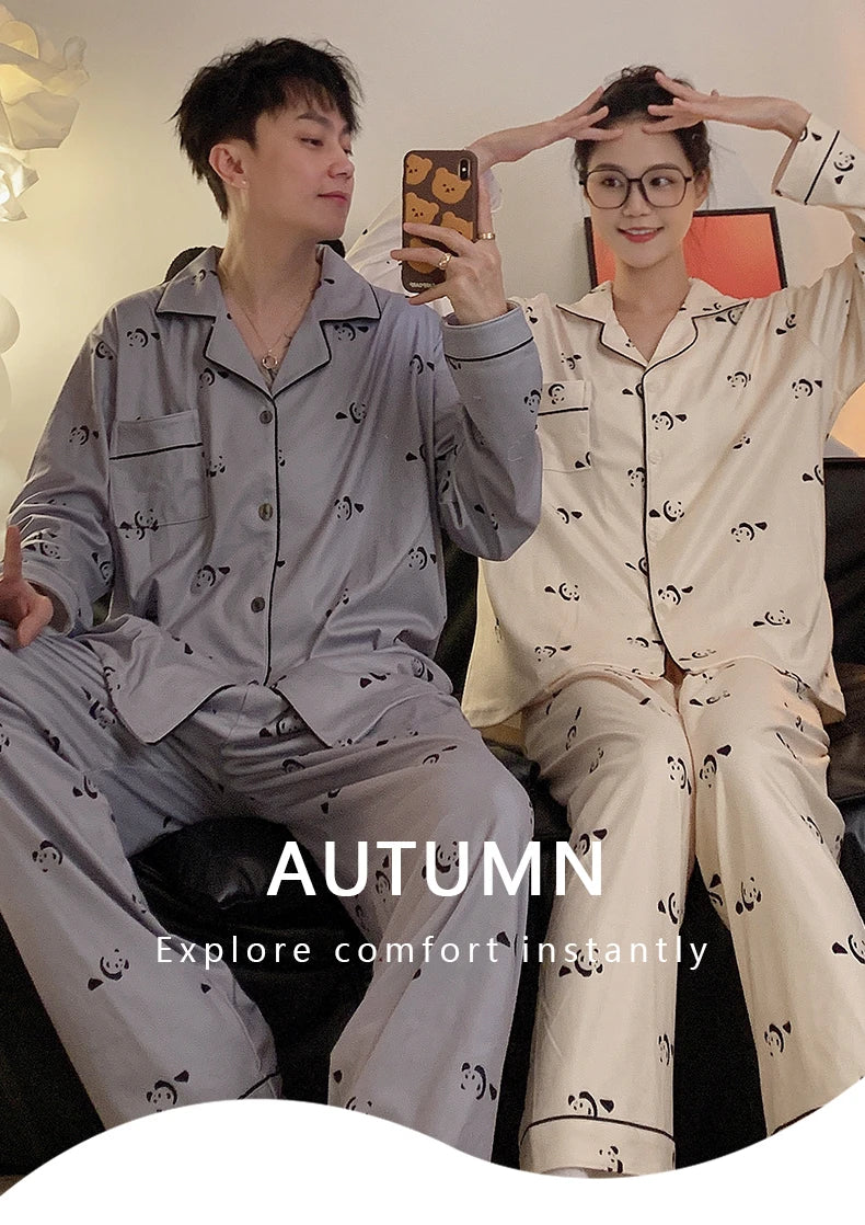 Pajamas Women Pajama Man Set Cotton Plus Size Spring Autumn Long-sleeved Korean Cardigan Casual V-neck Nightwear Couple Pyjamas.