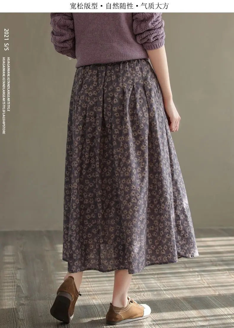 Women Casual Skirts New Arrival 2023 Autumn Vintage Style Floral Print Loose Comfortable Ladies Elegant A-line Long Skirt D536.
