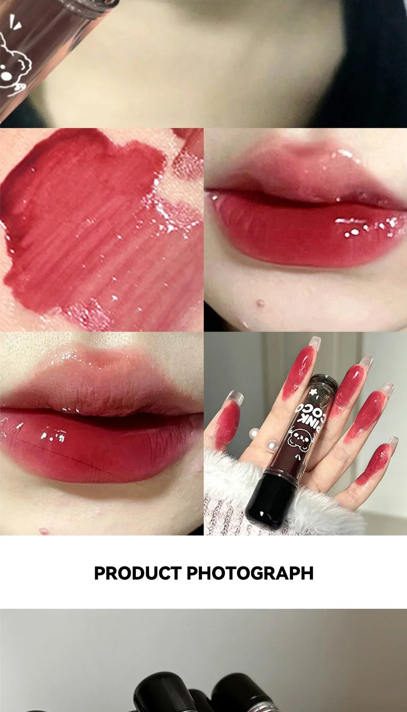 PINKCOCO Bear Doodle Mirror Lip Glaze — Long-Lasting Shiny Lip Gloss, Student-Friendly, Skin-Brightening Nude Lipstick.