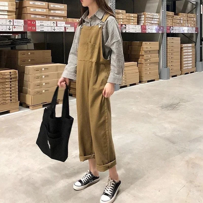 Jumpsuits Women Solid Retro Japanese Style Streetwear Denim Suspenders Trousers Harajuku Stylish Hip Hop Straight Overalls Teens.