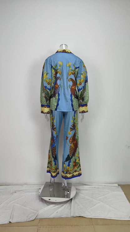 Autumn Women Bohemian Print Lapel Button LongSleeve Shirt+Loose Wide Legs Trousers Set Conjunto Dos Piezas Mujer Elegante Casual.