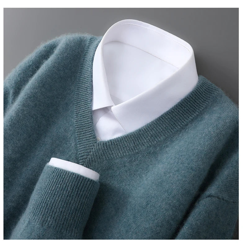 2025 Autumn Winter New Men's Wool Sweater Solid Color V-Neck Pullover Sweater Casual Loose Business Knit Plus Size Base Sweaters.