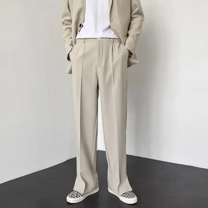 Men's Straight Baggy Casual Pants Korean Slit Personality Suit Trousers Fashion Formal Business Male Streetwear Gray Khaki Black