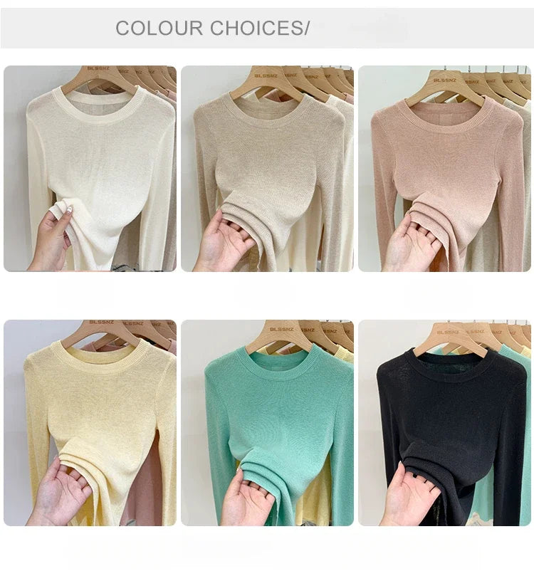 Spring  Basic O-Neck Slim T-Shirt Women Solid Multi Color All-Match Trend Casual Top Screw Knit Long Sleeve Elastic Office Lady.