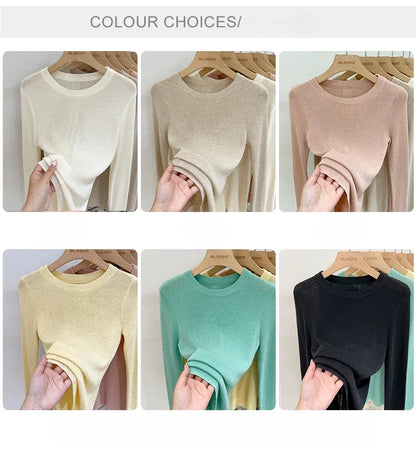 Spring  Basic O-Neck Slim T-Shirt Women Solid Multi Color All-Match Trend Casual Top Screw Knit Long Sleeve Elastic Office Lady.