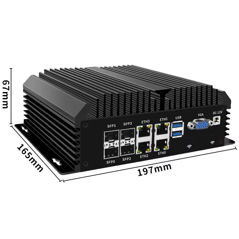 Fanless Mini Industrial PC Desktop Computer Atom C3758 4x10G SFP+ 4*LANs 4x Phoenix RS485 COM 2xDB9 RS232/485 COM Auto Power On.
