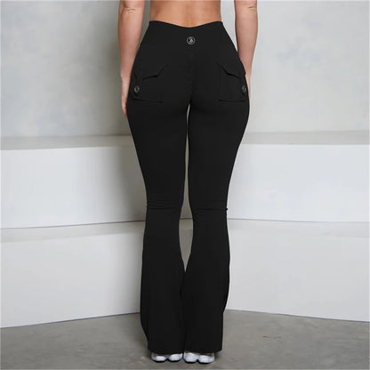 Allure The Brand Pocket Flare Scrunch Butt Pants ATB Women Tight-Fit Sexy Slim High Waist Pants Push Up Fitness Flare Leggings.