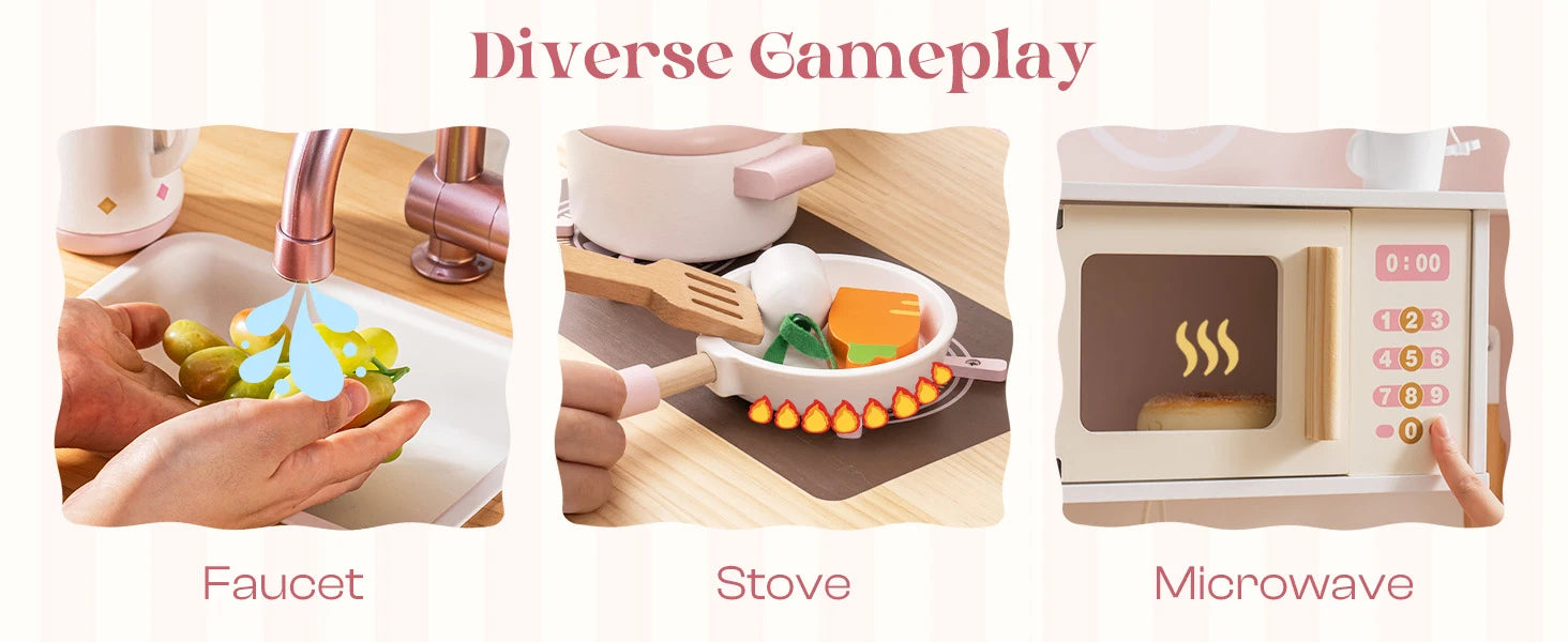 Robotime Robud Kids Corner Kitchen Playset Wooden Play Kitchen Set with Realistic Sound Pretend Play Gift for Boys Girls Pink.