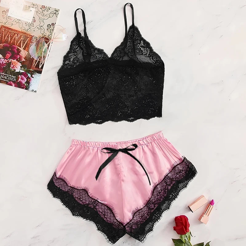 2-teiliges sexy Spitzen-Pyjama-Set für Damen, durchsichtiges Bralette, Cami-Top und Shorts, atmungsaktive Nachtwäsche, Sommer-Dessous in Übergröße.
