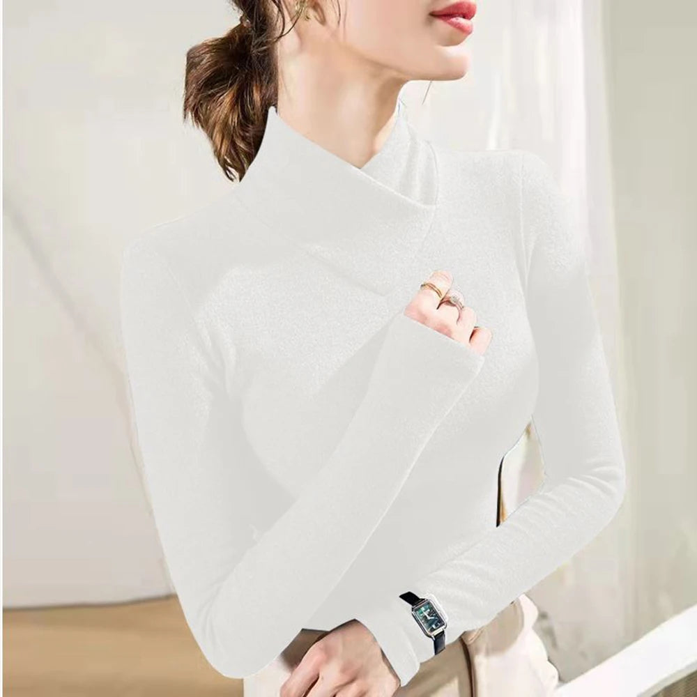 Pullover mit hohem Kragen, Damen-T-Shirt, modischer Pullover, elastisches Oberteil, S-3XL, schwarzer Strickpullover, langärmelige Unterlage für die ganze Saison