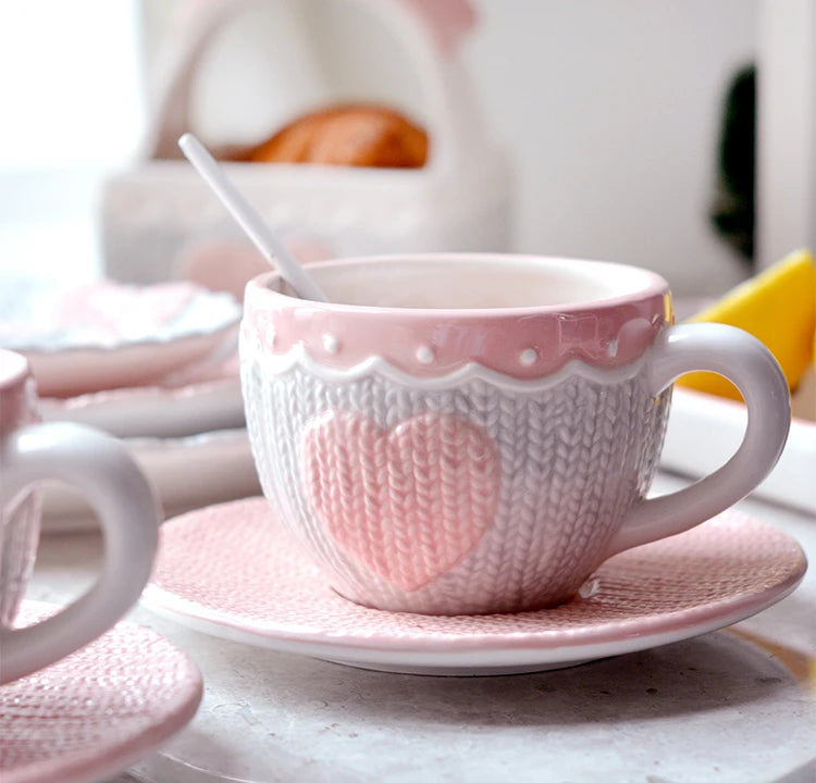 250ml Ceramic Tea Cup And Saucer Set Kawaii Bowknot Coffee Cup Dish Pink Wool Knitting Mug Microwave Safe.